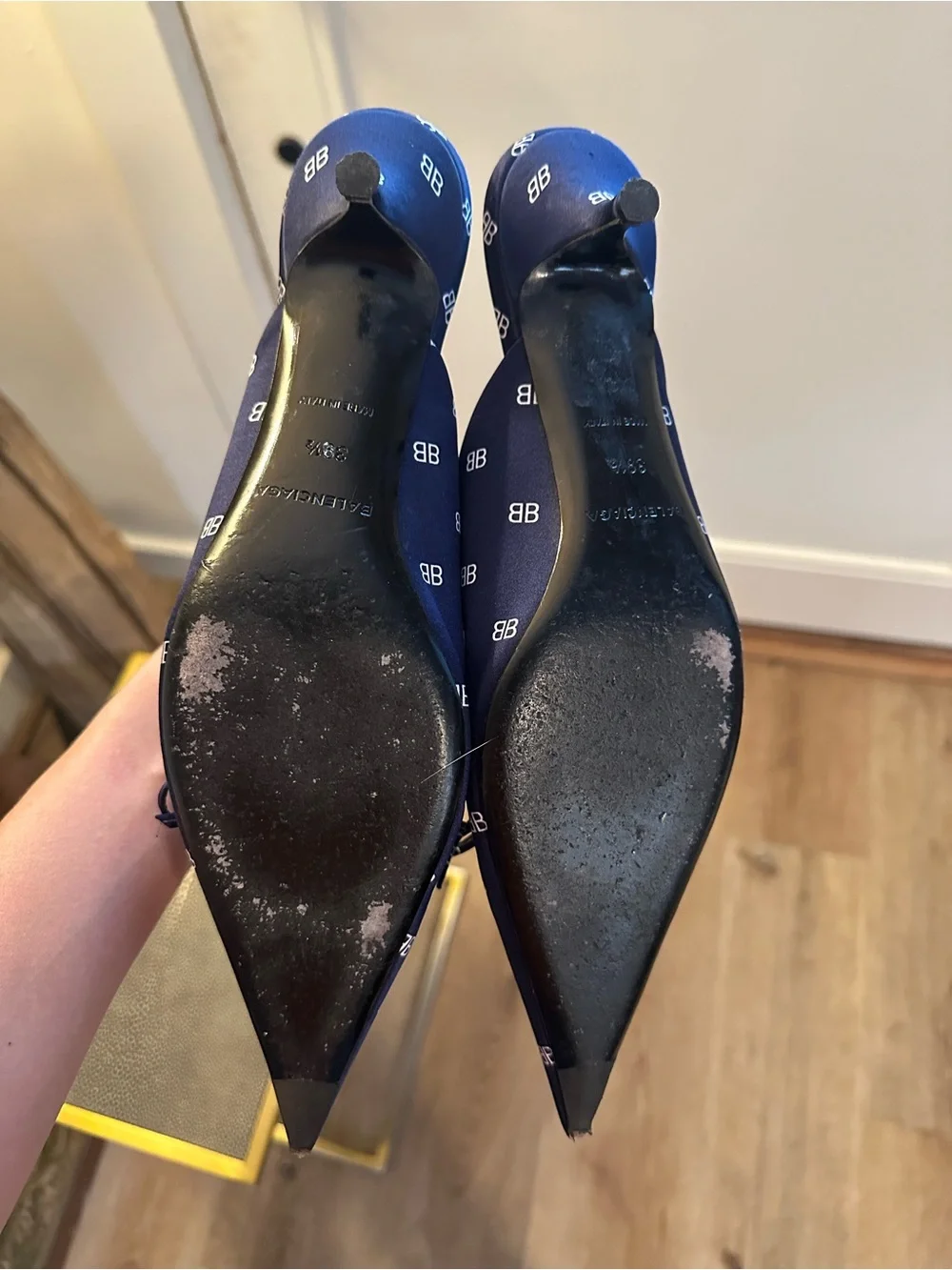 Balenciaga Navy BB Logo Pointed Toe Slip-On Mules